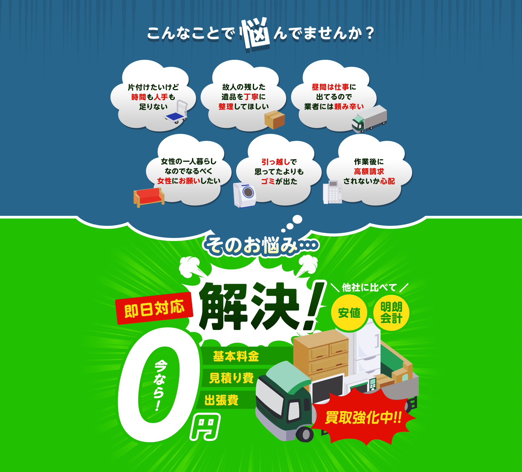 こんなお悩みがあれば不用品回収キラキらっこ栃木にお任せ下さい。片付けしたいけど時間や人手が足りなくて困っている。個人が残した遺品などを丁寧に整理してほしい。仕事が忙しくてなかなか業者さんに頼みずらい。女性の一人暮らしなのでなるだけ女性スタッフにお願いしたい。引っ越しで思っていた以上にゴミが出て困っている。作業後に高額請求されないか不安で依頼できないこんなお悩みすべて不用品回収キラキらっこ栃木が解決します！他社に比べて安値・明朗会計・即日対応・基本料金0・見積もり費0・出張費0・なんと、今なら買取強化中！